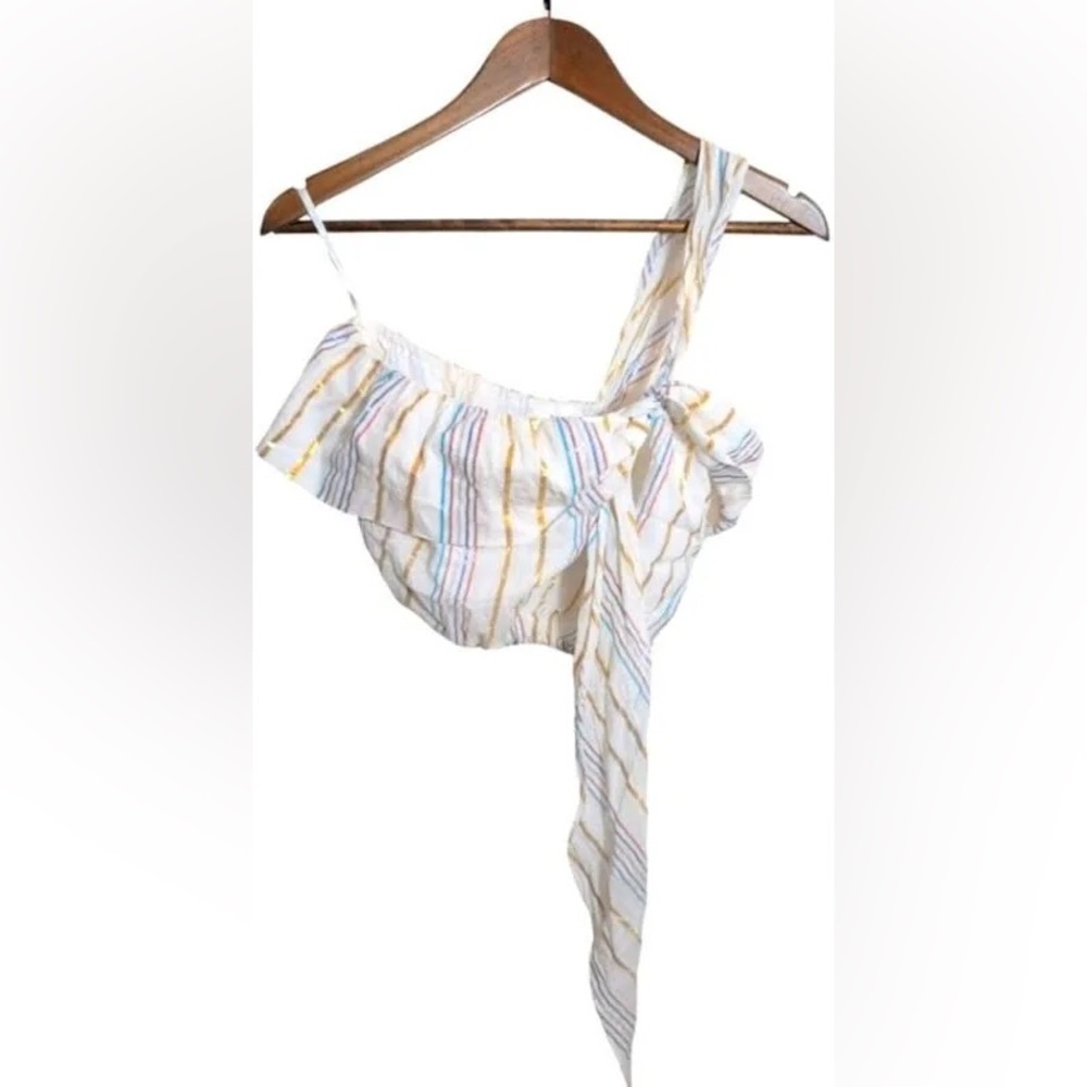 Tularosa X Revolve White Cotton Striped Metallic One Shoulder Crop Top